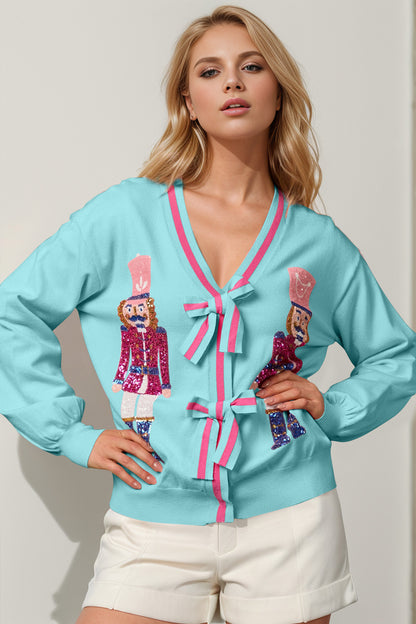 Double Take Full Size Nutcracker Sequin Bow Decor Cardigan - Heritage Couture  