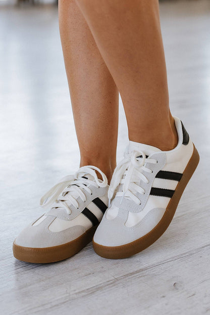 White Striped Lace Up Flat Sneakers - Heritage Couture  