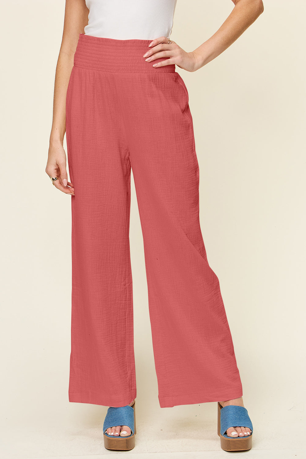 Double Take Full Size Texture Smocked Waist Wide Leg Pants - Heritage Couture  