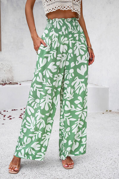Devine Smocked Printed Wide Leg Pants with Pockets - Heritage Couture  