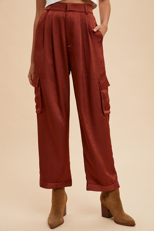 Annie Wear Wide Leg Cargo Satin Pants - Heritage Couture  