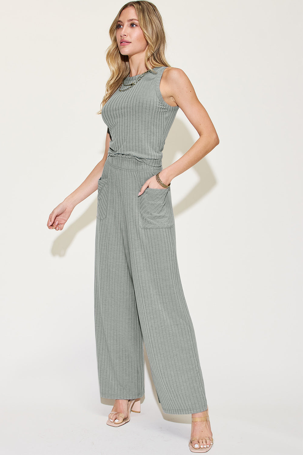 Basic Bae Full Size Ribbed Tank and Wide Leg Pants Set - Heritage Couture  