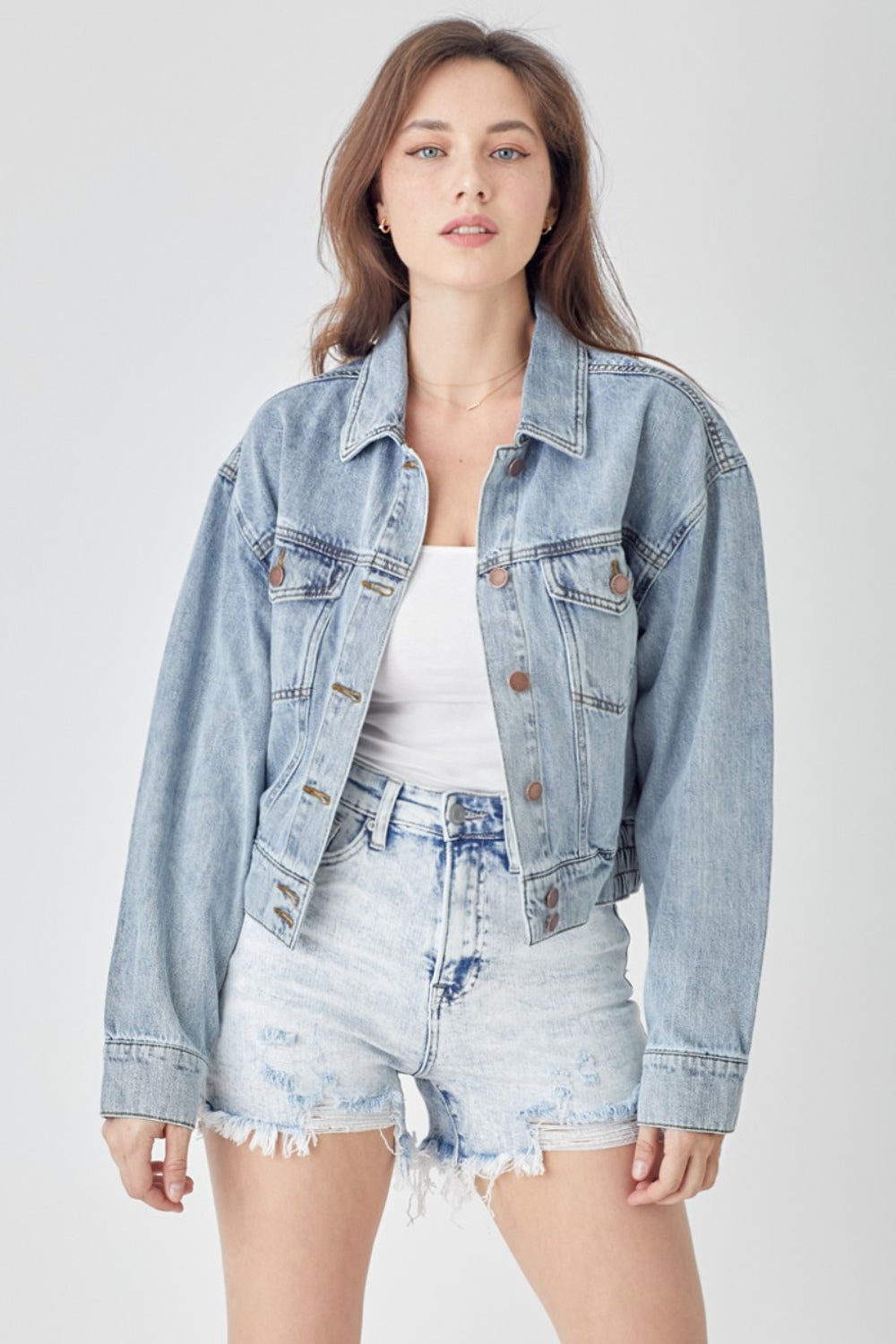 RISEN Full Size Button Down Cropped Denim Jacket - Heritage Couture  