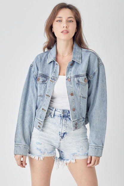 RISEN Full Size Button Down Cropped Denim Jacket - Heritage Couture  