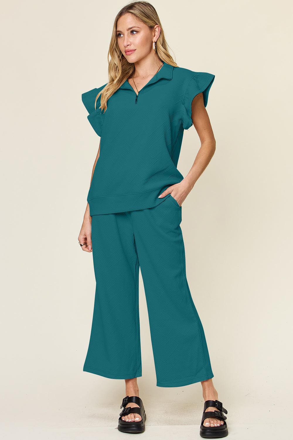 Double Take Texture Ruffle Short Sleeve Top and Drawstring Wide Leg Pants Set - Heritage Couture  