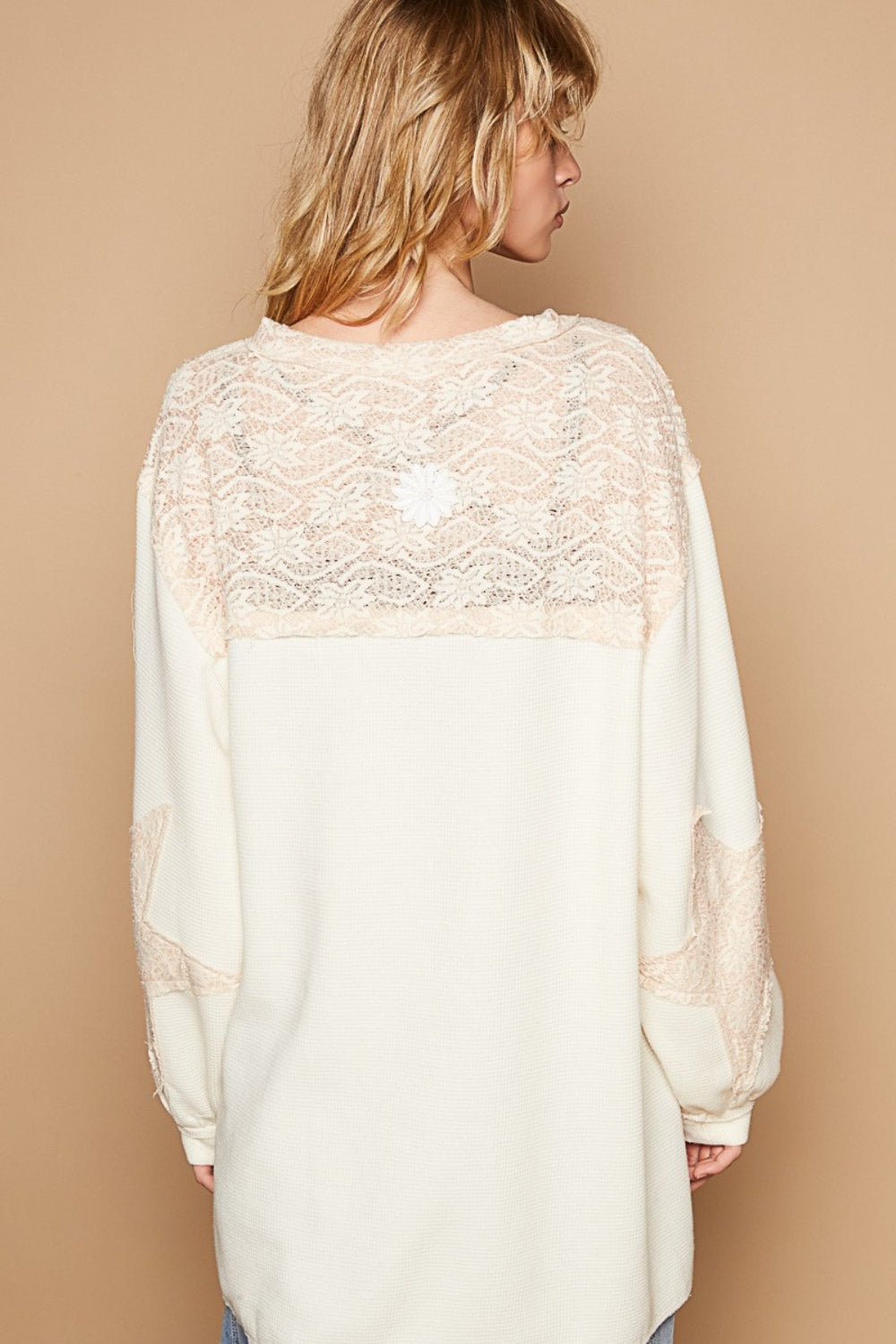 POL Round Neck Long Sleeve Crochet Patches Top - Heritage Couture  