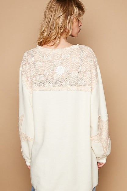 POL Round Neck Long Sleeve Crochet Patches Top - Heritage Couture  