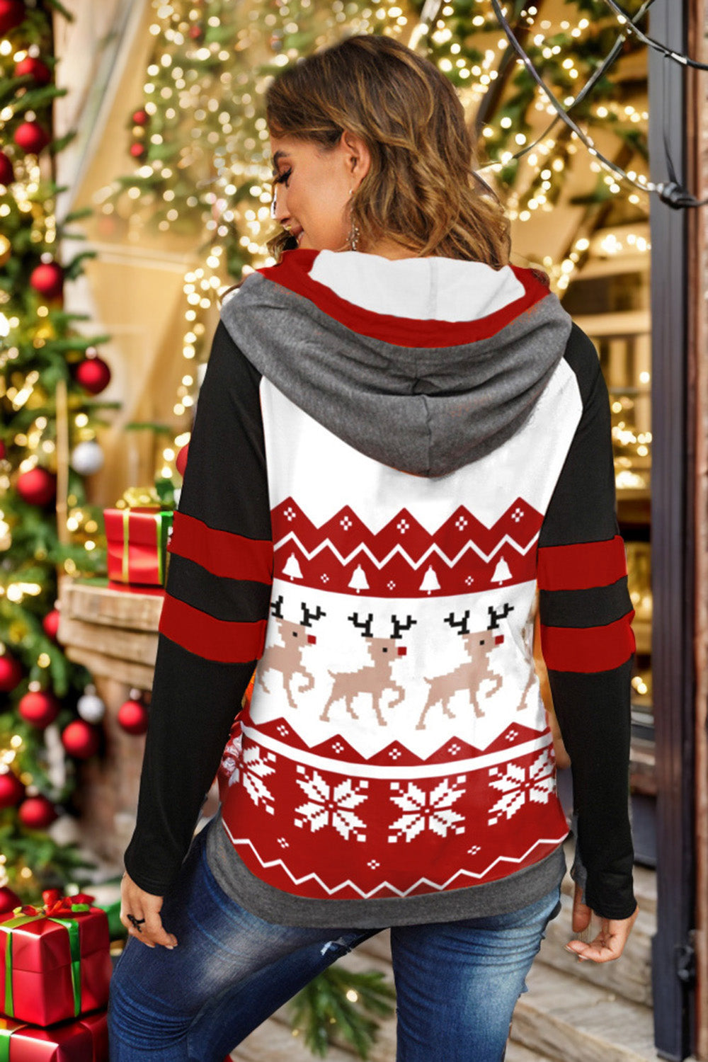Double Take Full Size Christmas Drawstring Long Sleeve Hoodie - Heritage Couture  