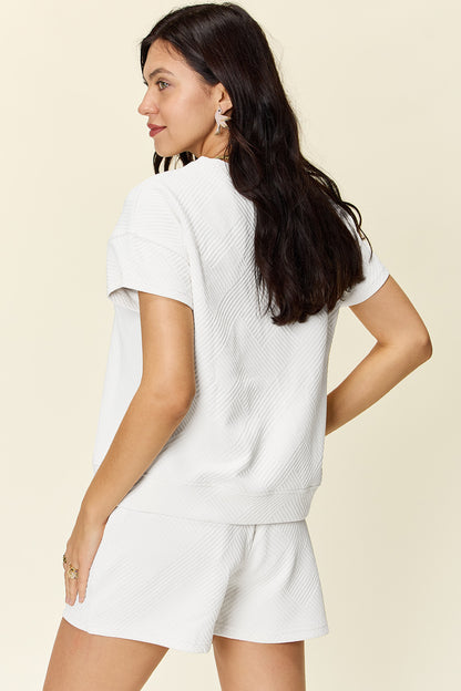 Double Take Full Size Texture Short Sleeve T-Shirt and Drawstring Shorts Set - Heritage Couture  