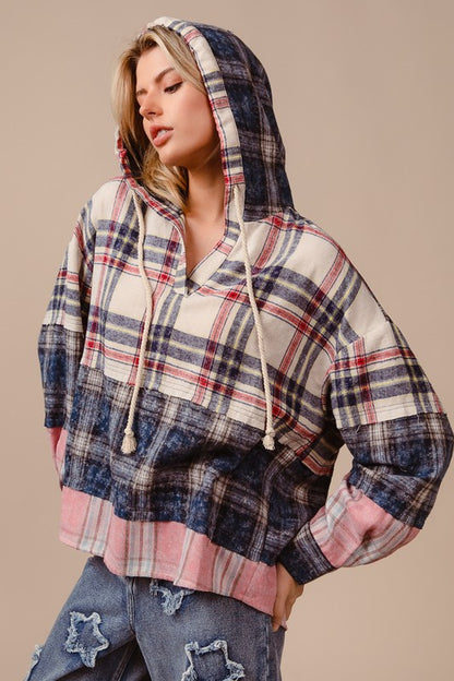BiBi Drawstring Plaid Drop Shoulder Hoodie - Heritage Couture  