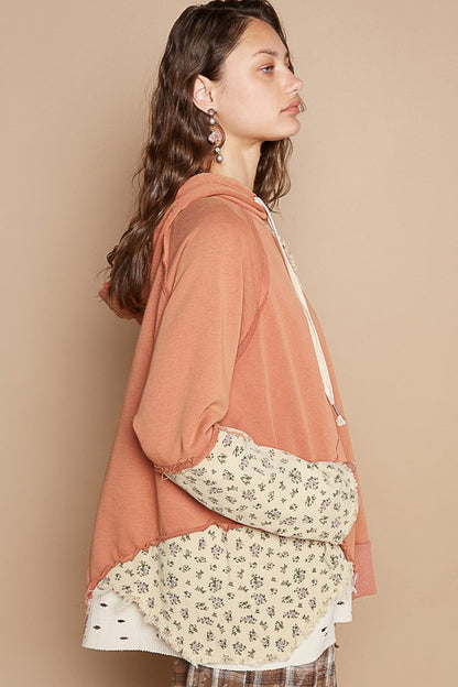POL Floral Patchwork Distressed Drawstring Hoodie - Heritage Couture  
