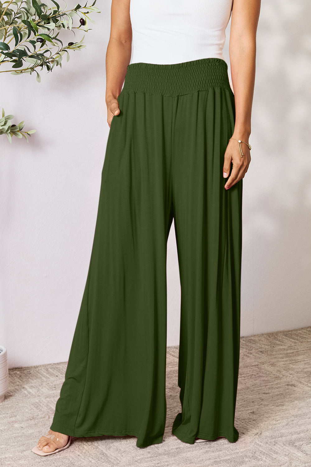Basic Bae Full Size Smocked Wide Waistband Wide Leg Pants - Heritage Couture  