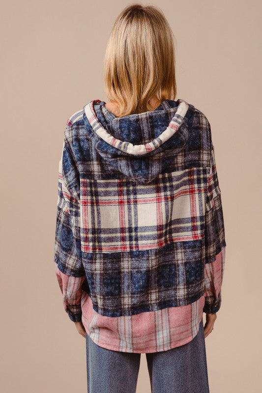 BiBi Drawstring Plaid Drop Shoulder Hoodie - Heritage Couture  