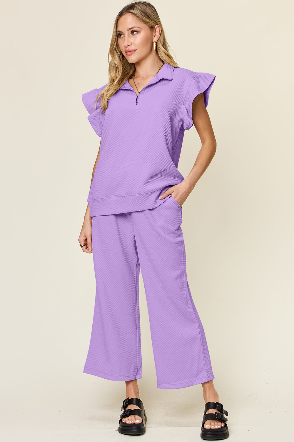 Double Take Texture Ruffle Short Sleeve Top and Drawstring Wide Leg Pants Set - Heritage Couture  