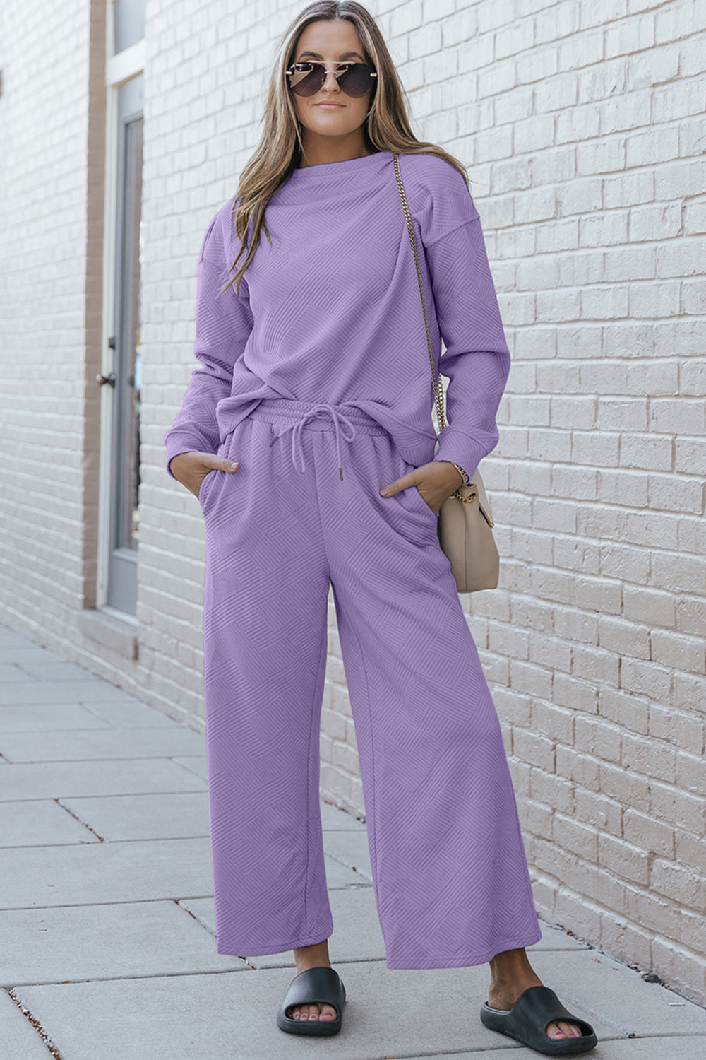 Double Take Full Size Textured Long Sleeve Top and Drawstring Pants Set - Heritage Couture  