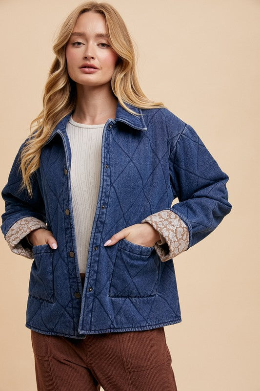 Annie Wear Quilted Printed Lining Snap Down Denim Jacket - Heritage Couture  