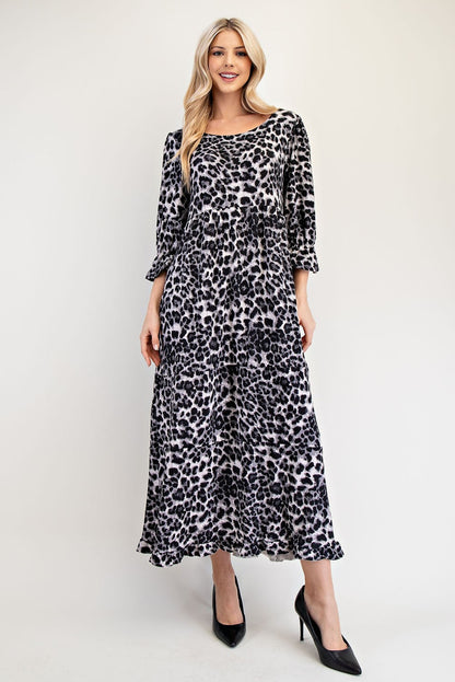 Celeste Full Size Leopard Round Neck Flounce Sleeve Dress - Heritage Couture  