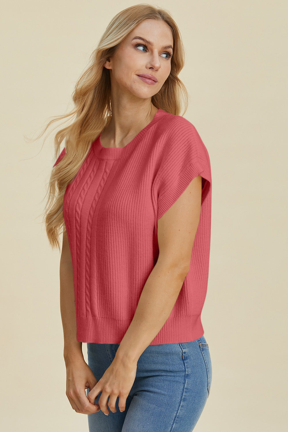 Double Take Full Size Cable-Knit Round Neck Short Sleeve Sweater - Heritage Couture  