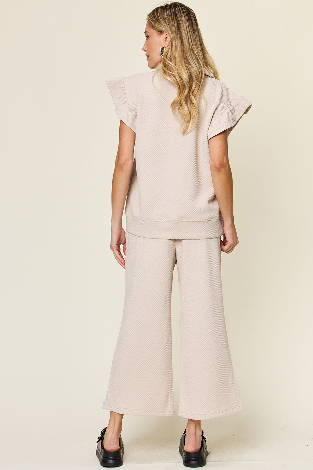 Double Take Texture Ruffle Short Sleeve Top and Drawstring Wide Leg Pants Set - Heritage Couture  