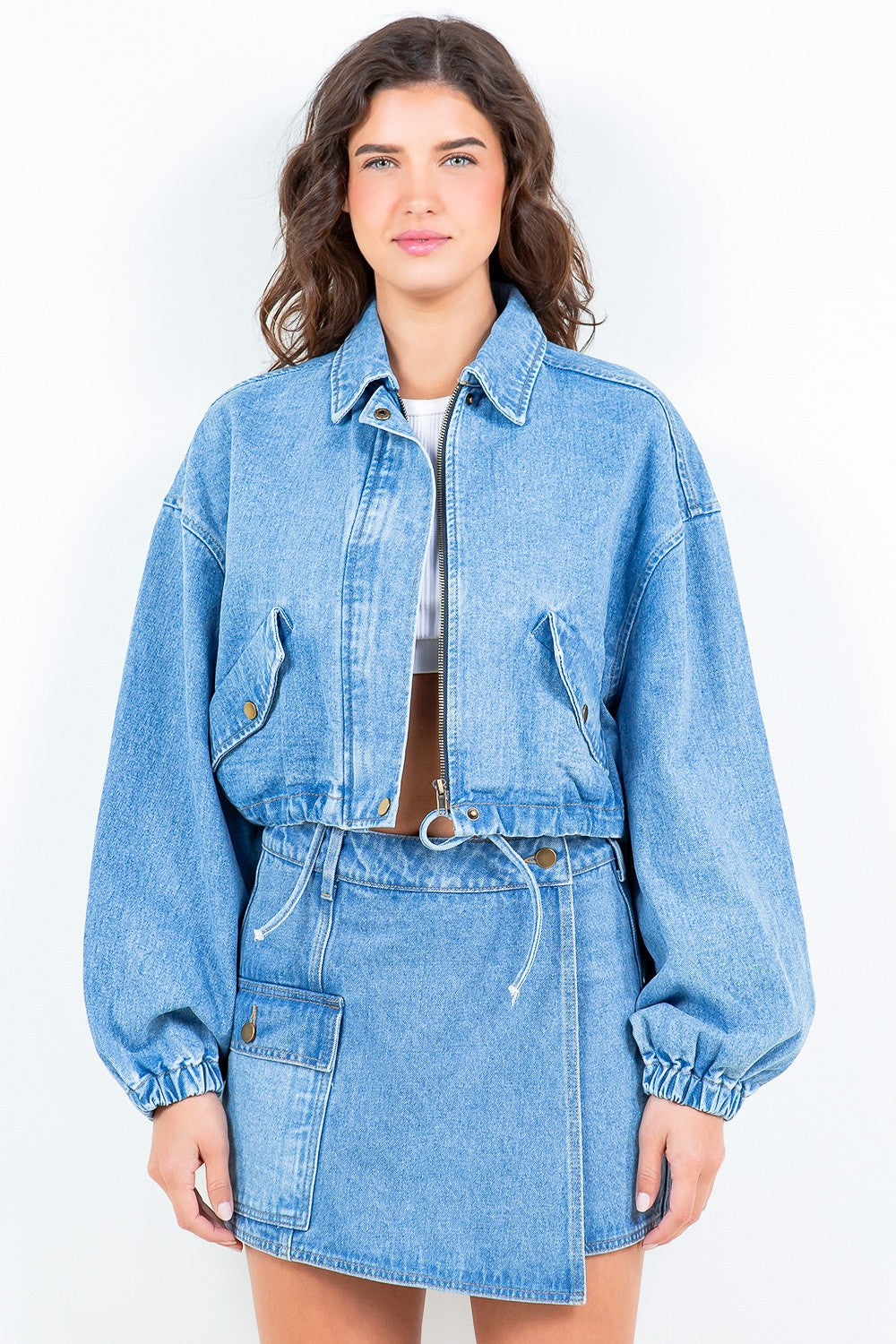 American Bazi Drawstring Waist Crop Denim Jacket - Heritage Couture  