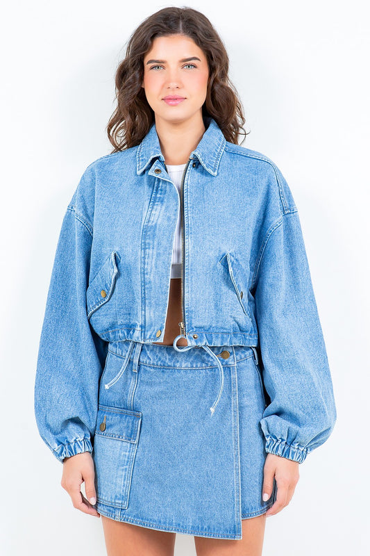 American Bazi Drawstring Waist Crop Denim Jacket - Heritage Couture  