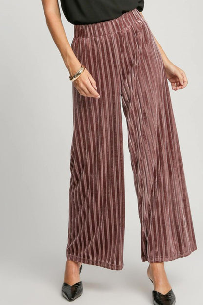 Umgee Full Size Elastic Waist Striped Wide Leg Velvet Pants - Heritage Couture  