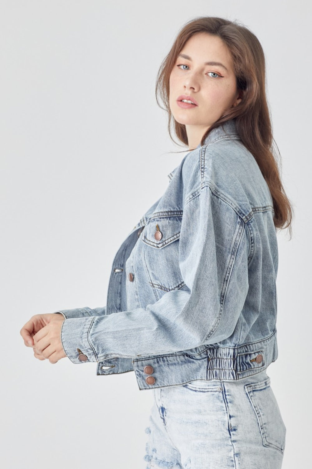 RISEN Full Size Button Down Cropped Denim Jacket - Heritage Couture  