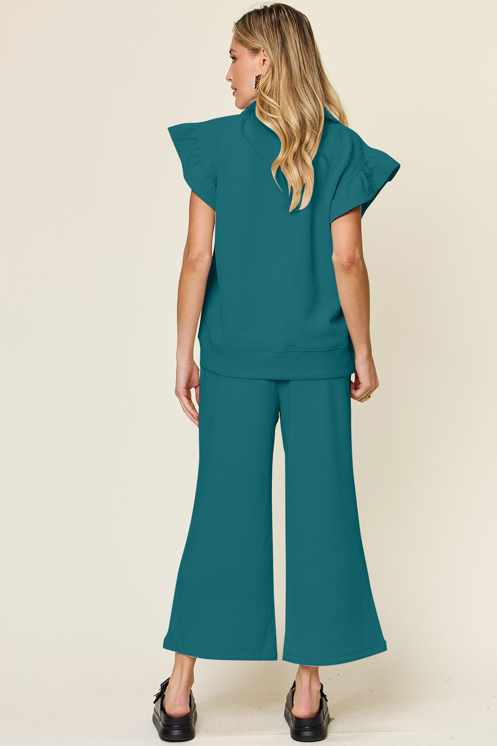 Double Take Texture Ruffle Short Sleeve Top and Drawstring Wide Leg Pants Set - Heritage Couture  