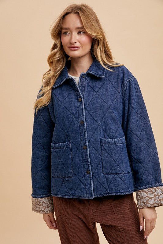Annie Wear Quilted Printed Lining Snap Down Denim Jacket - Heritage Couture  