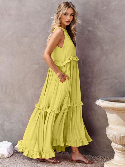 Ruffled Sleeveless Tiered Maxi Dress with Pockets - Heritage Couture  