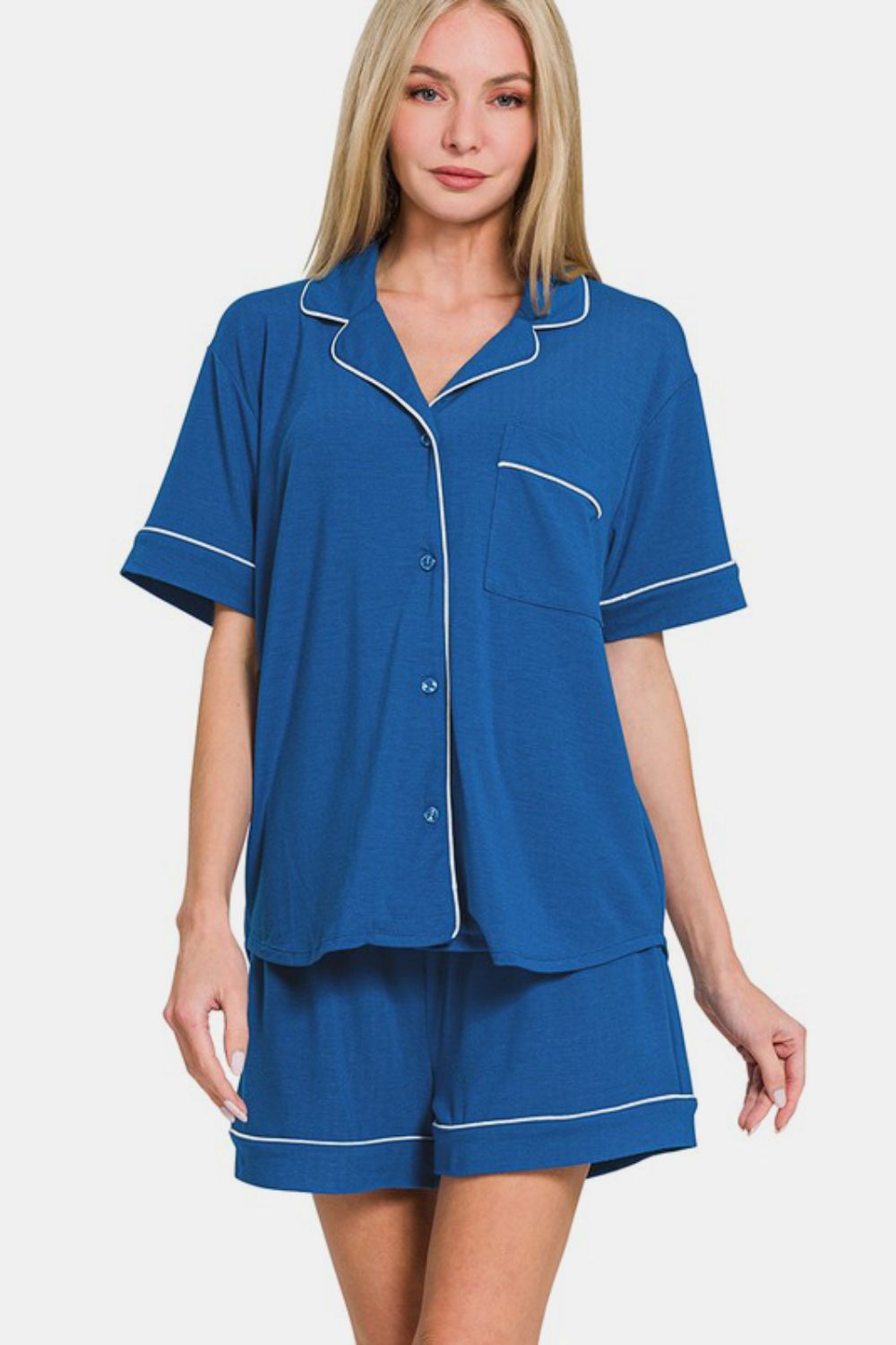 Zenana Button Down Short Sleeve Top and Shorts Lounge Set - Heritage Couture  