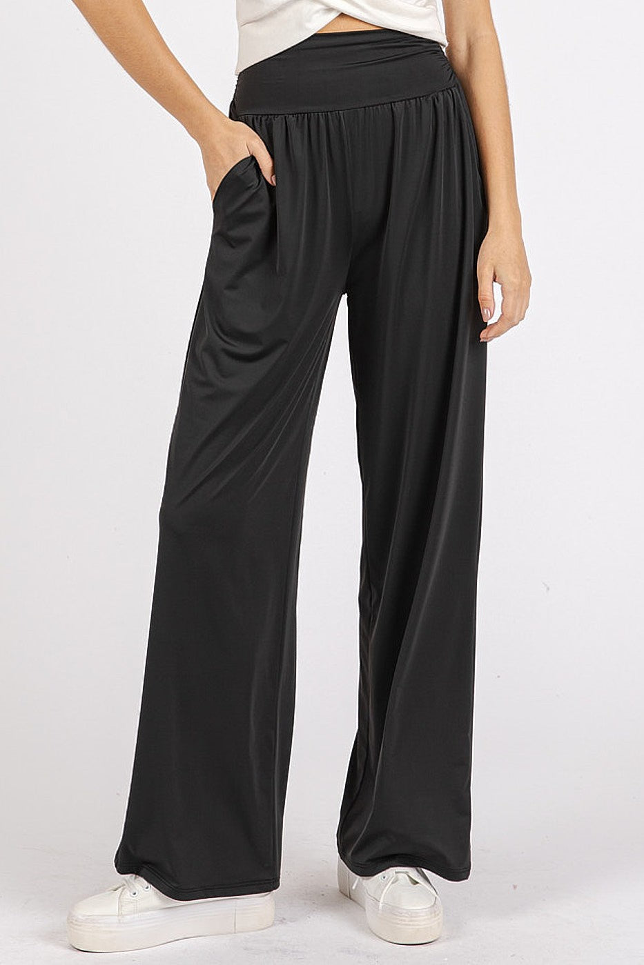 Mittoshop Stretch Banded Waist Wide Leg Pants with Pockets - Heritage Couture  