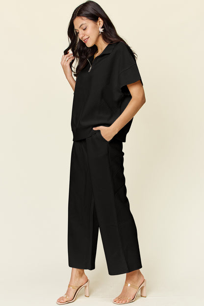 Double Take Full Size Texture Half Zip Short Sleeve Top and Pants Set - Heritage Couture  
