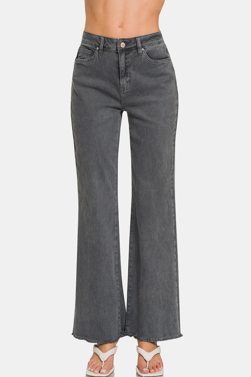 Zenana Acid Washed Frayed Hem Bootcut Jeans - Heritage Couture  
