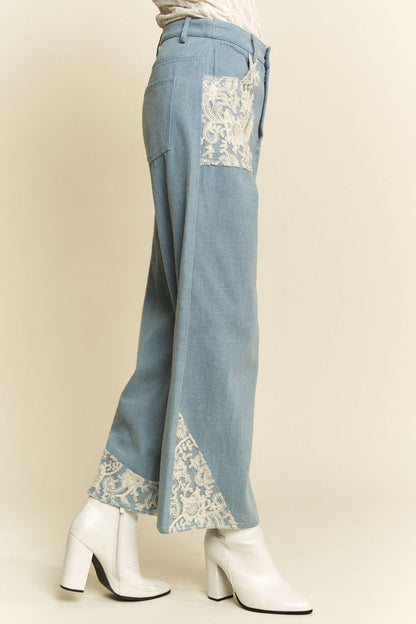 Davi & Dani Lace Applique Wide Leg Jeans - Heritage Couture  