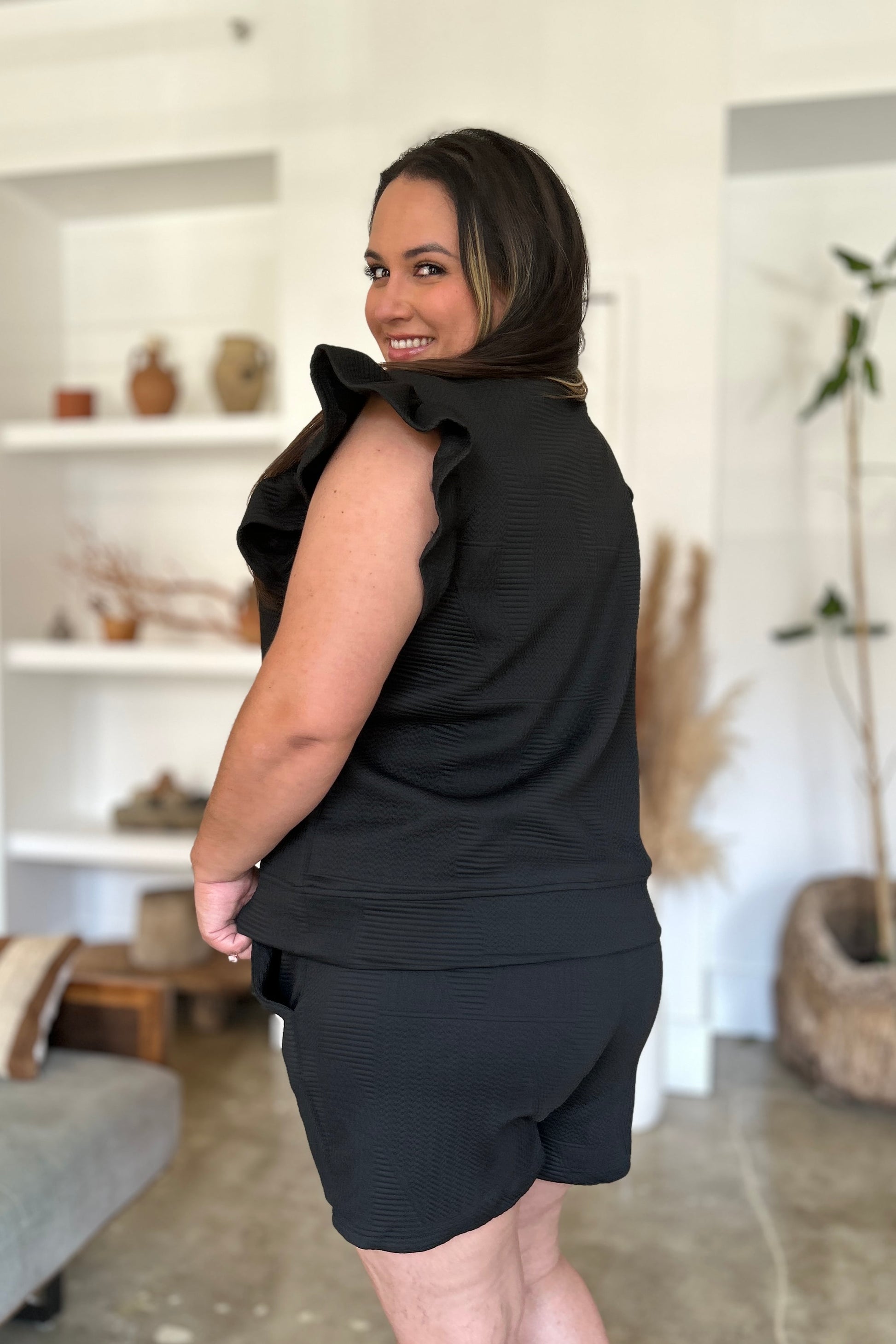 Double Take Full Size Texture Flounce Sleeve Top and Shorts Set - Heritage Couture  