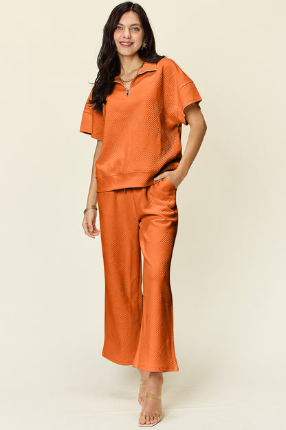 Double Take Full Size Texture Half Zip Short Sleeve Top and Pants Set - Heritage Couture  