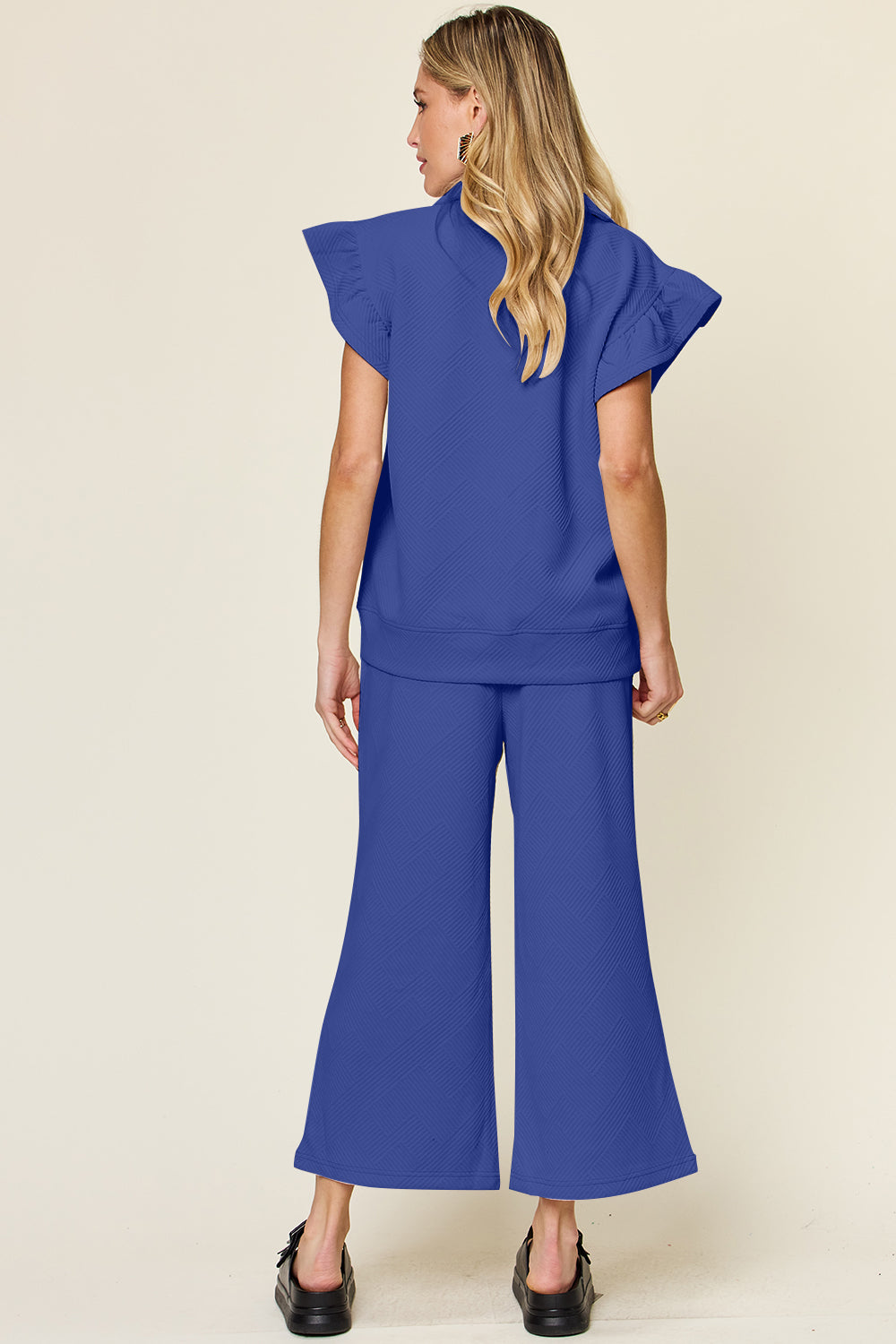 Double Take Texture Ruffle Short Sleeve Top and Drawstring Wide Leg Pants Set - Heritage Couture  