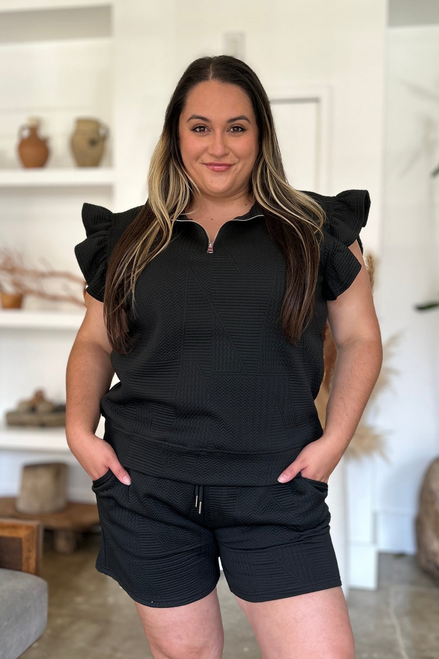 Double Take Full Size Texture Flounce Sleeve Top and Shorts Set - Heritage Couture  