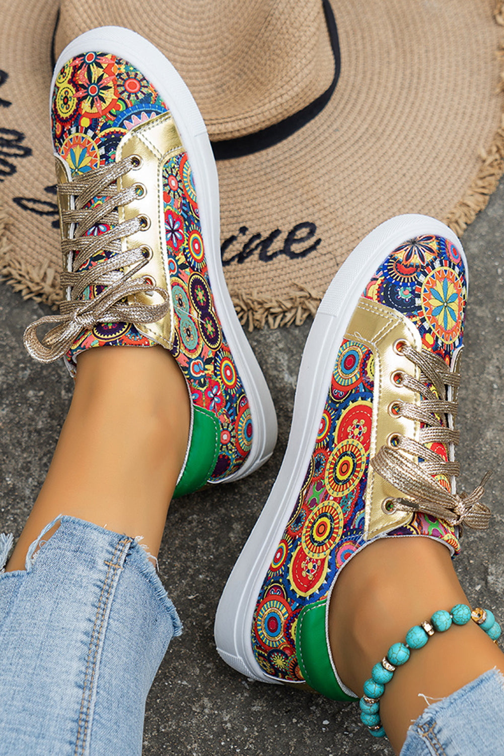 Gold Boho Geometric print Lace Up Sneakers - Heritage Couture  