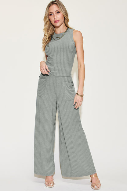 Basic Bae Full Size Ribbed Tank and Wide Leg Pants Set - Heritage Couture  
