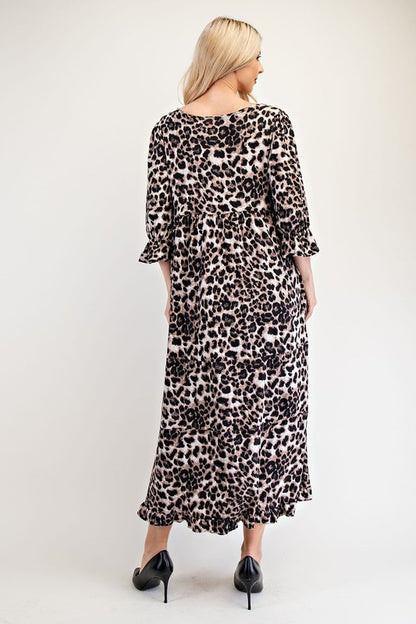 Celeste Full Size Leopard Round Neck Flounce Sleeve Dress - Heritage Couture  