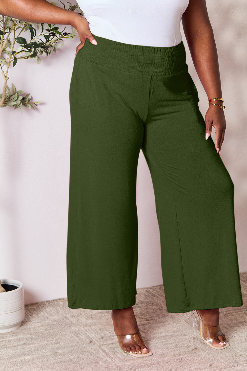 Basic Bae Full Size Smocked Wide Waistband Wide Leg Pants - Heritage Couture  
