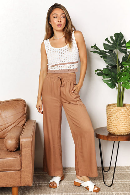 Double Take Drawstring Smocked Waist Wide Leg Pants - Heritage Couture  