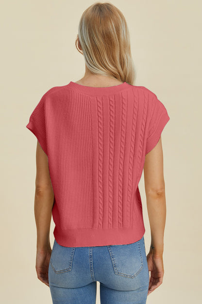 Double Take Full Size Cable-Knit Round Neck Short Sleeve Sweater - Heritage Couture  