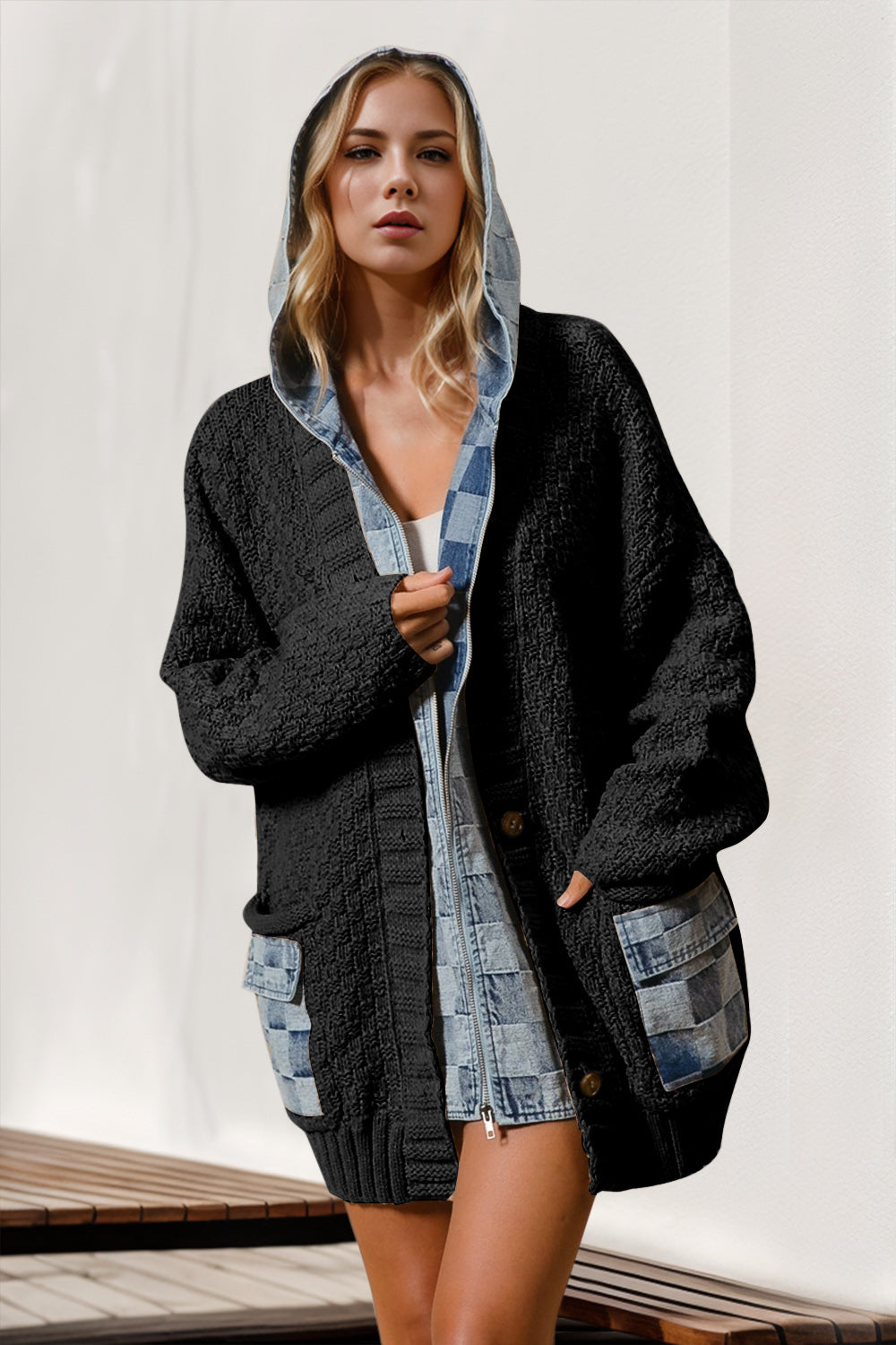 Double Take Full Size Hooded Denim Spliced Sweater Cardigan - Heritage Couture  