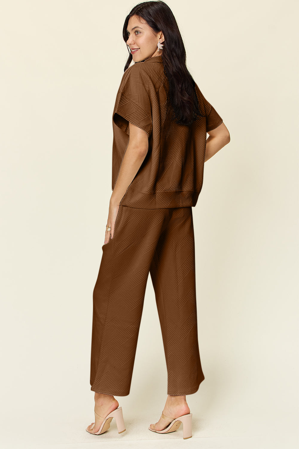 Double Take Full Size Texture Half Zip Short Sleeve Top and Pants Set - Heritage Couture  