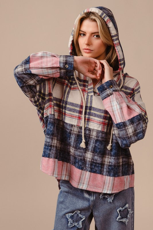 BiBi Drawstring Plaid Drop Shoulder Hoodie - Heritage Couture  