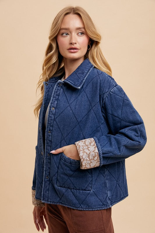 Annie Wear Quilted Printed Lining Snap Down Denim Jacket - Heritage Couture  