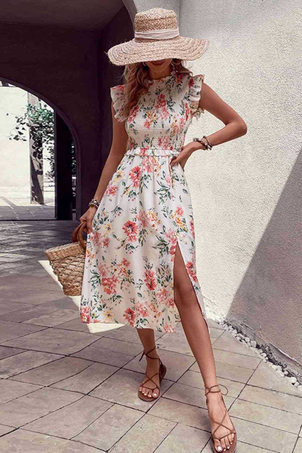 Perfee Floral Smocked Butterfly Sleeve Slit Dress - Heritage Couture  